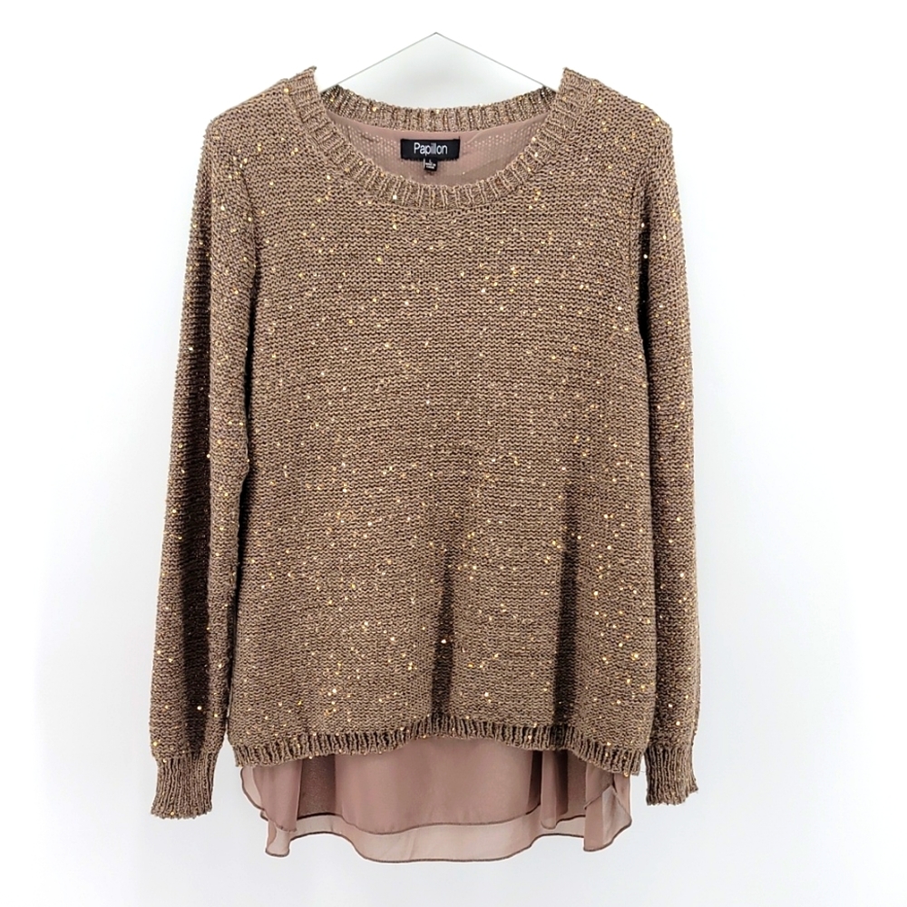 Papillon Blanc Metallic Taupe Knit Sweater with Chiffon Hem